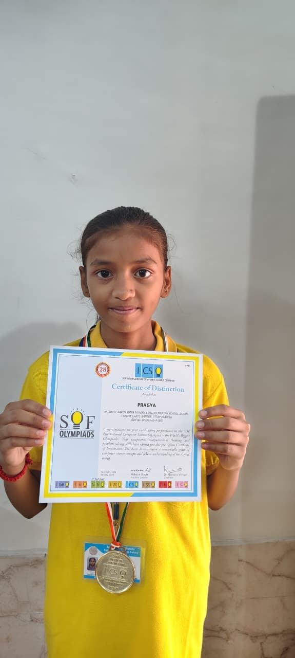 Pragya with their SOF Olympiad medal and certificate